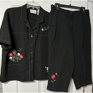 Alfred Dunner Linen Black Top 16 Matching Capris‎ 14P Embroidered Flowers Bees